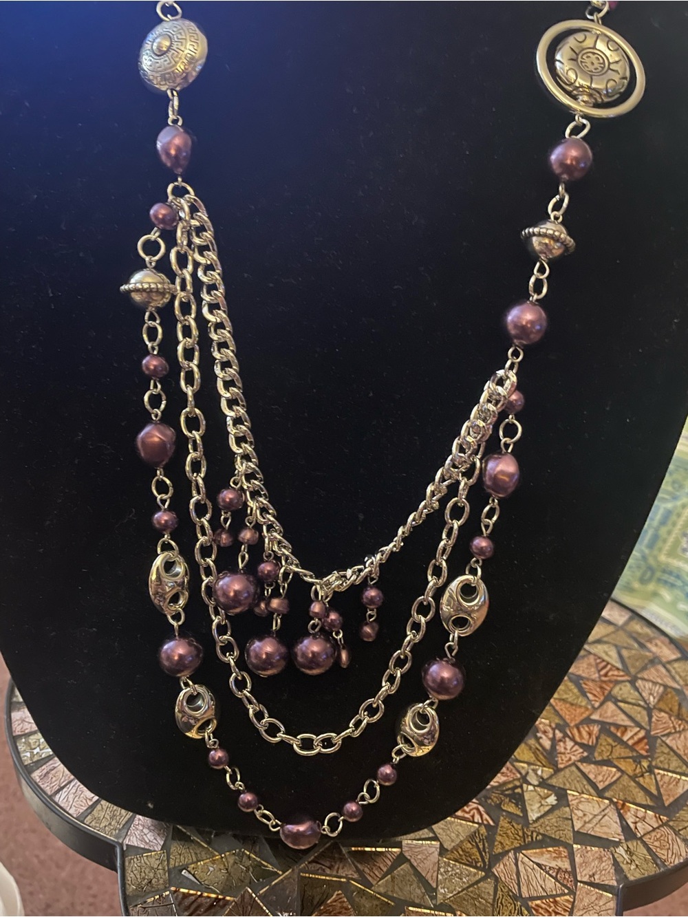Multi-Strand Purple Bead & Gold-Tone Chain Necklace - Women Jewelry